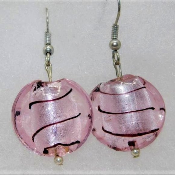 "Murano" Pink Swirl Coin Earrings - Picture 1 of 5